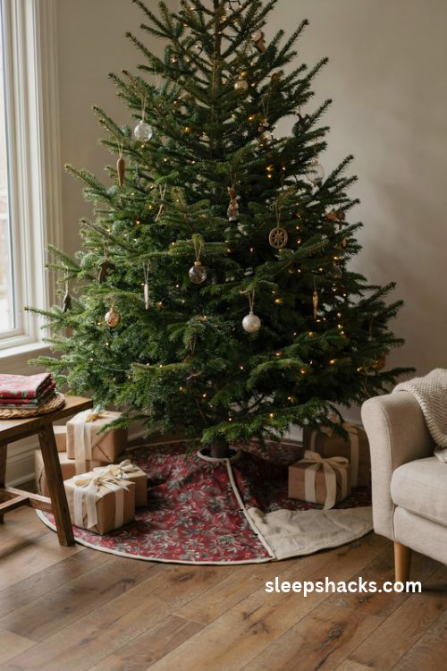 Reversible two sided christmas tree skirt pattern in festive prints and neutral fabric