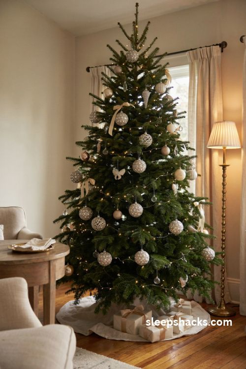 Rhinestone christmas ornaments sparkling like crystal jewelry on an elegant evergreen tree