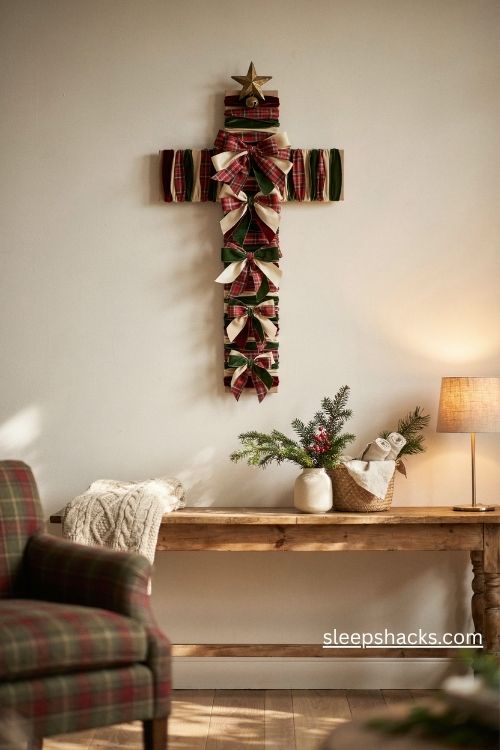 Ribbon cross christmas tree with layered red plaid cream satin and forest green velvet bows