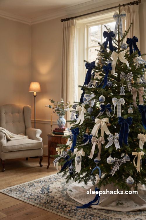 Ribbon heavy chinoiserie christmas tree with blue and white velvet bows plaid ribbons and porcelain ornaments