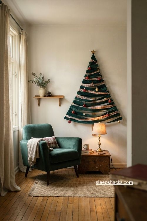 Ribbon wall christmas tree with forest green velvet red plaid and gold star in a cozy small apartment 