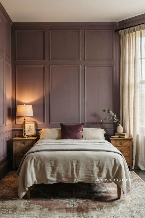 Rich purple bedroom colour ideas with mauve paneling cream bedding and quiet luxury 