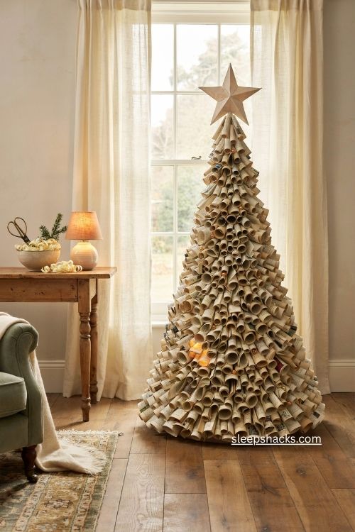 Rolled book page christmas tree with curled paper needles and vintage texture 