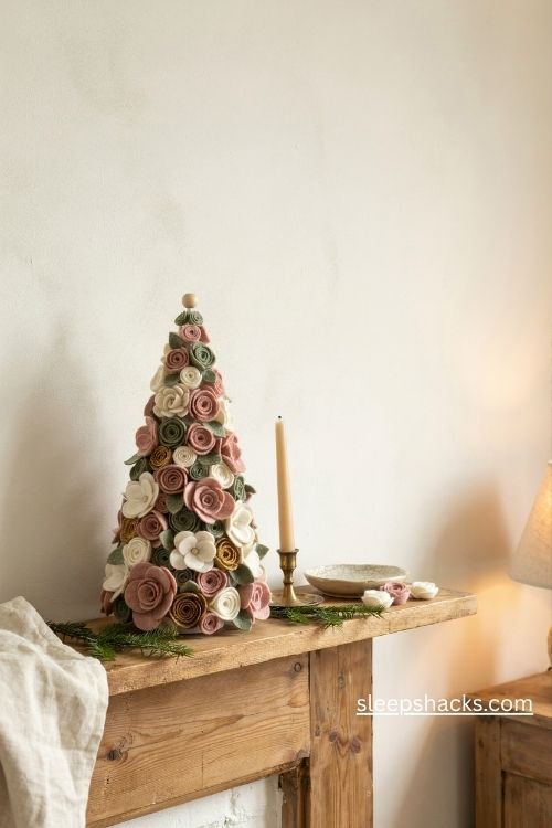 Rolled felt flower Christmas tree with blush pink rosettes and vintage cottage charm