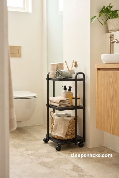 Rolling towel cart for a small bathroom with three tier storage rolled towels and toiletries