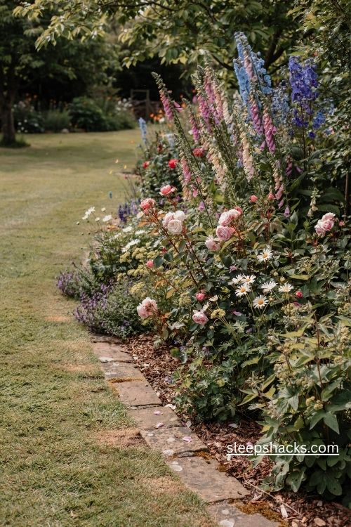 Romantic cottage flower borders with foxgloves delphiniums roses and daisies along a garden path