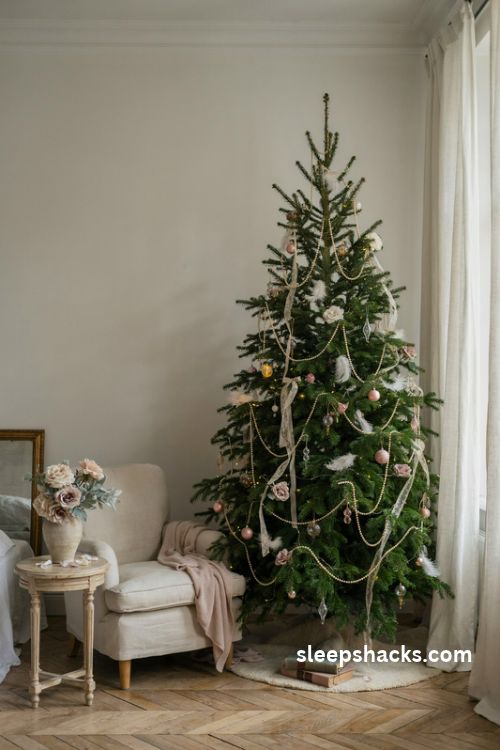 Romantic pearl and lace Christmas tree with ivory roses white feathers glass ornaments and soft blush accents
