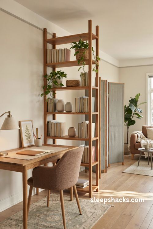 Room divider home office layout with an open bookshelf screen and cozy defined workspace