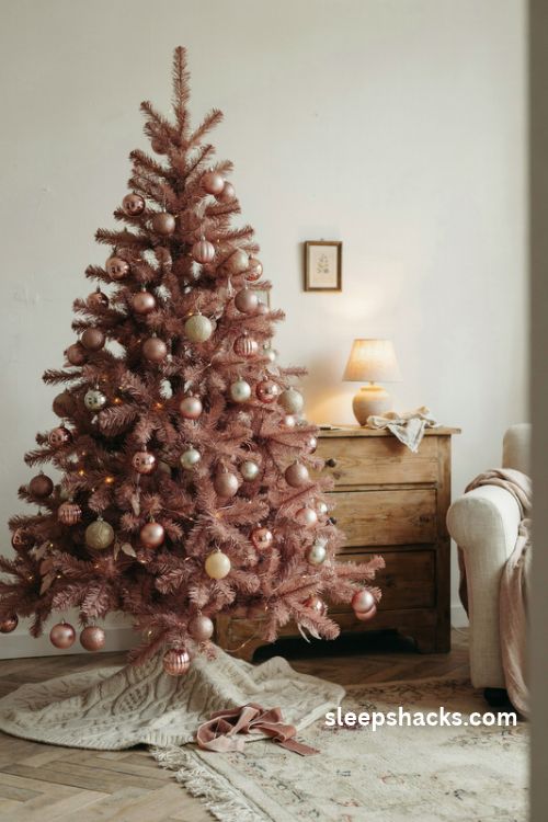 Rose gold and blush christmas tree ornaments with champagne baubles soft silver accents and warm fairy lights