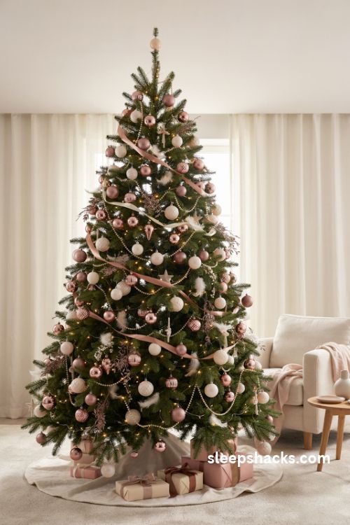 Rose gold and blush pink christmas tree with pearl garlands and warm white lights