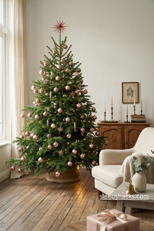Rose gold and champagne christmas tree with blush pink ornaments and brushed metallic accents
