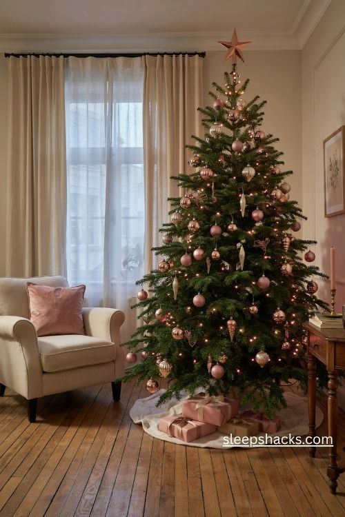 Rose gold christmas tree ornaments with soft pink and warm white glowing lights