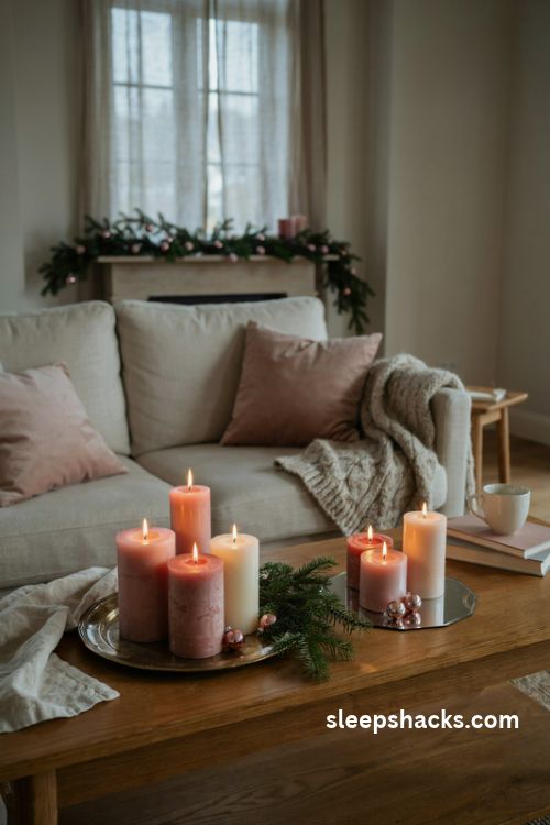 Rosy pink Christmas candlelight with blush and ivory pillar candles on a vintage gold tray