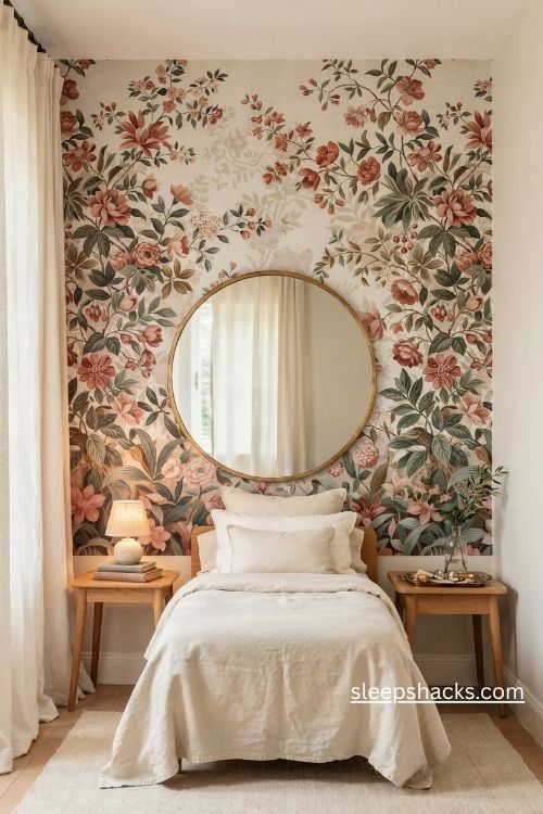 Round gold mirror layered over floral wallpaper in a cozy vintage cottage bedroom