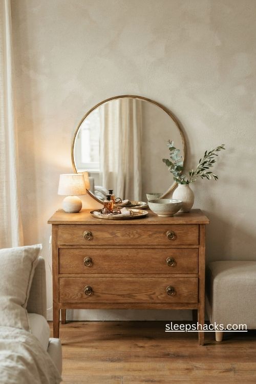 Round mirror above a vintage bedroom dresser with a warm table lamp and simple ceramic accessories