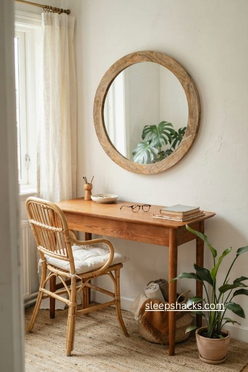 Round wood mirror boho office decor for a small bright workspace 