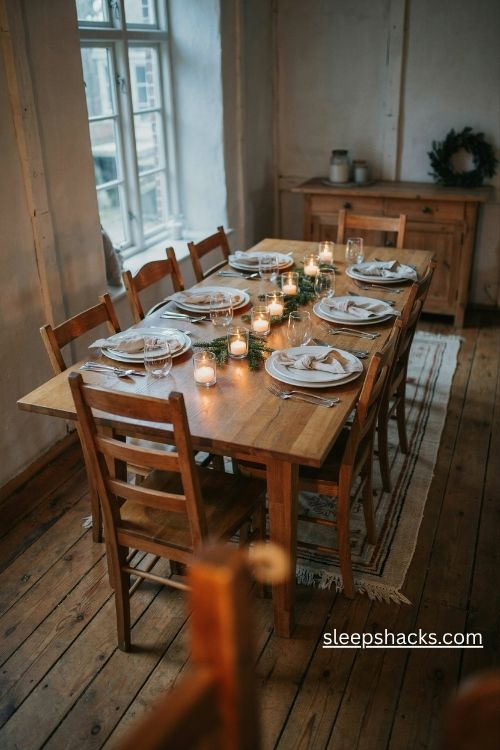 Row of glowing votive candles for a warm and cozy christmas dinner table