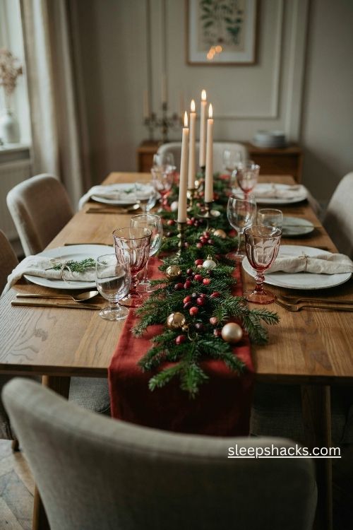 Ruby red vintage glassware with ivory plates and greenery for an elegant christmas table