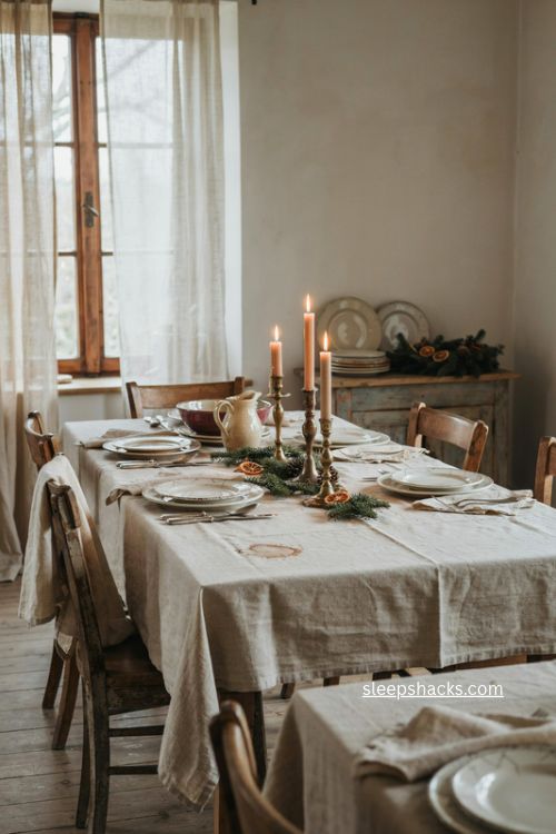 Rumpled linen French country Christmas table with vintage plates and greenery 