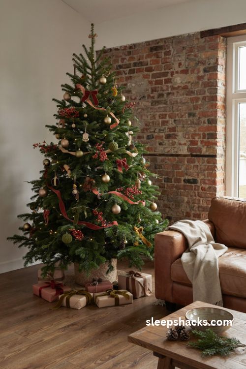 Rust and olive green Christmas tree with velvet bows and earthy holiday decor