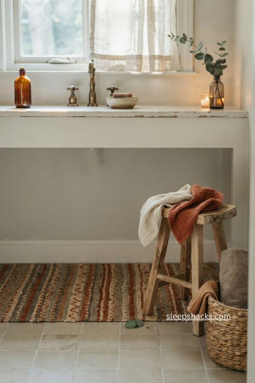 Rust and olive patterned bath mat for cozy fall bathroom decor