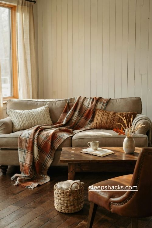 Rust plaid faux cashmere throw on cozy cream sofa fall cabin decor