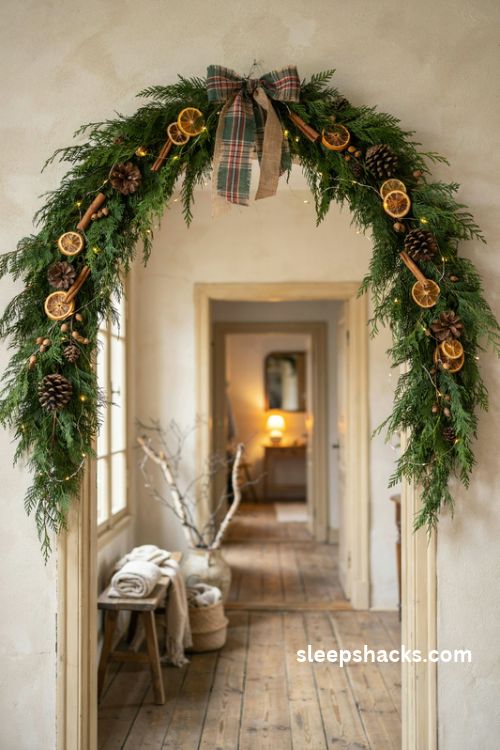 Rustic Christmas arch with cedar garland pinecones dried orange slices and warm amber lights