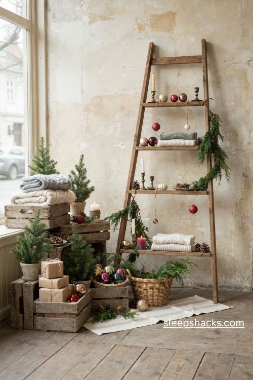 Rustic Christmas boutique display with wooden crates vintage ladder and cozy blankets