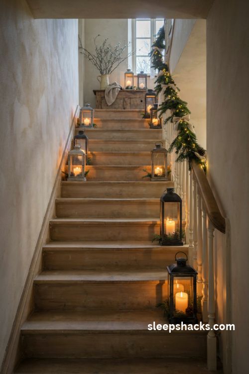 Rustic Christmas lanterns with flameless candles pinecones and evergreen sprigs arranged safely along farmhouse staircase steps