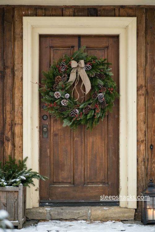 Rustic Christmas pinecone and red berry wreath with frosted tips and natural jute ribbon on a wooden front door