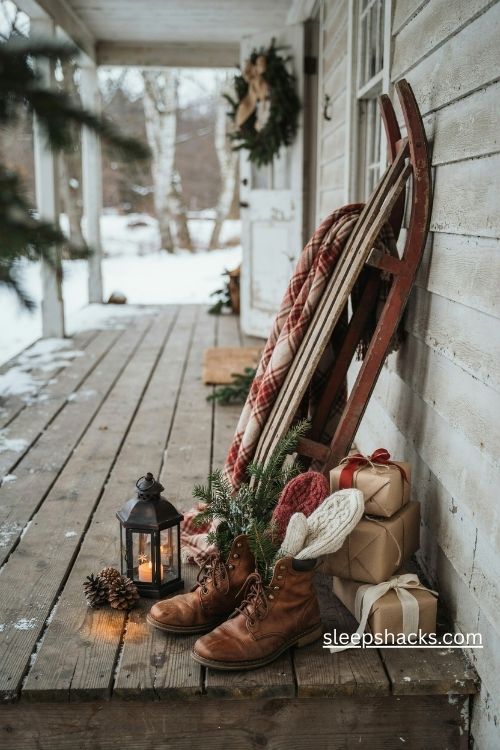 Rustic Christmas porch with vintage wooden sled worn leather boots pine greenery plaid blanket and glowing lantern