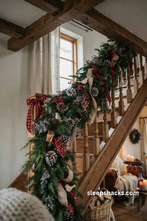 Rustic Christmas staircase banister with pinecones red berries cinnamon sticks and buffalo check bows