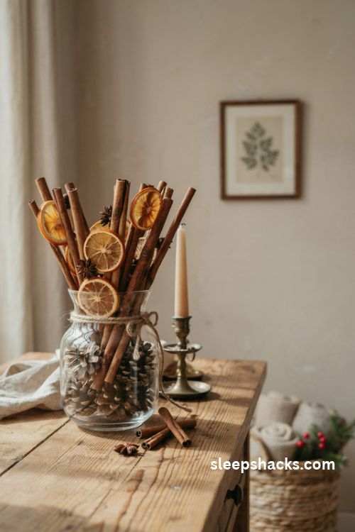 Rustic Christmas vase filled with pinecones cinnamon sticks and dried orange slices