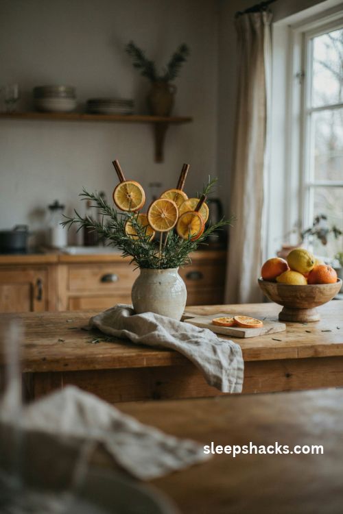 Rustic Christmas vase with dried orange slices fresh rosemary and cinnamon sticks