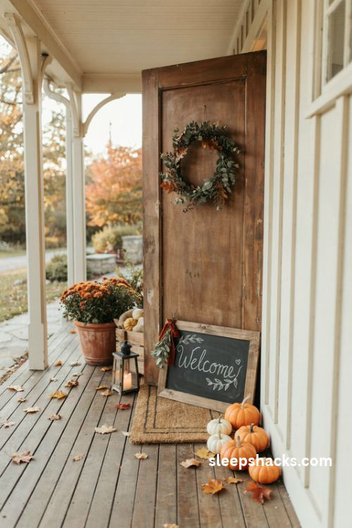 Rustic Thanksgiving welcome chalkboard sign with pumpkins and autumn porch decor