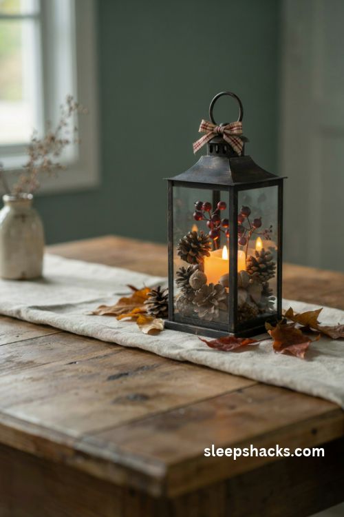 Rustic autumn lantern with pinecones acorns faux berries and warm flameless candlelight on a cozy farmhouse entry table