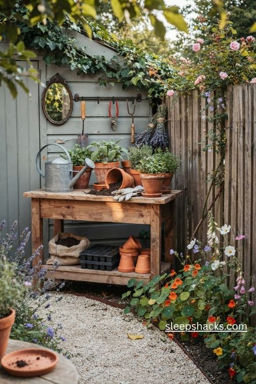 Rustic backyard potting bench with terracotta pots hanging garden tools and leafy seedlings
