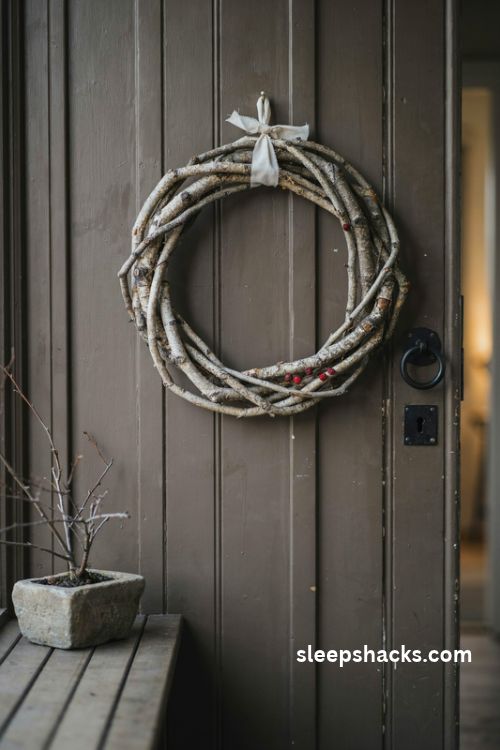 Rustic birch twig christmas wreath with silvery white bark and a simple ivory ribbon on a dark farmhouse door