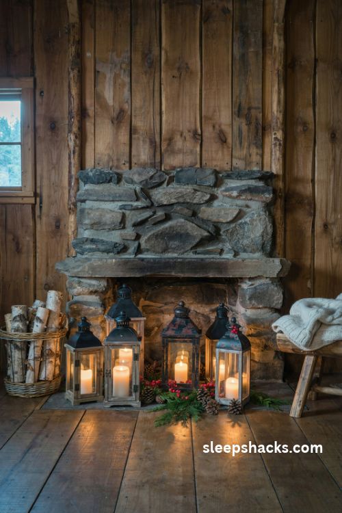 Rustic cabin Christmas decor with glowing lanterns candles and pinecones