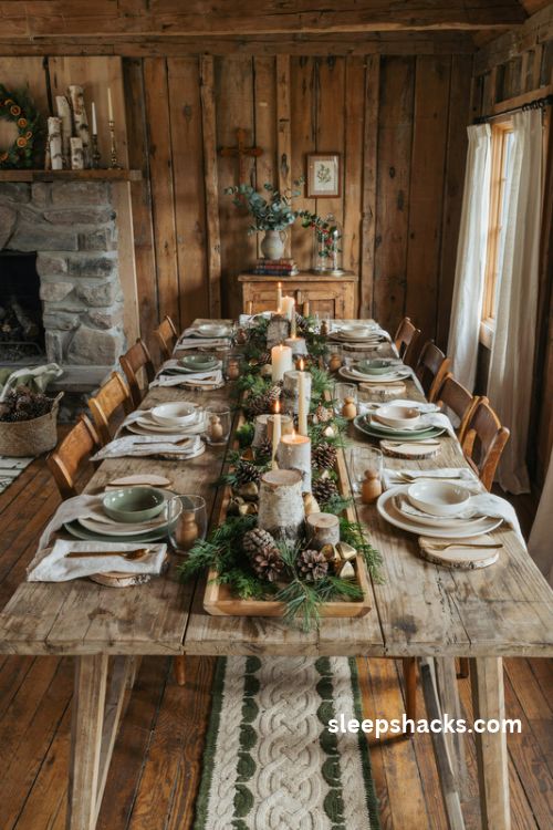 Rustic cabin Christmas decor with pinecone and birch log centerpiece