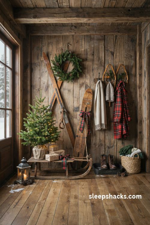 Rustic cabin Christmas entryway with vintage wooden sled and antique skis