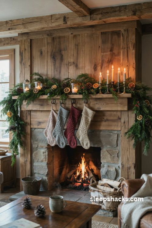 Rustic cabin Christmas fireplace mantel with fresh greenery and brass candlesticks