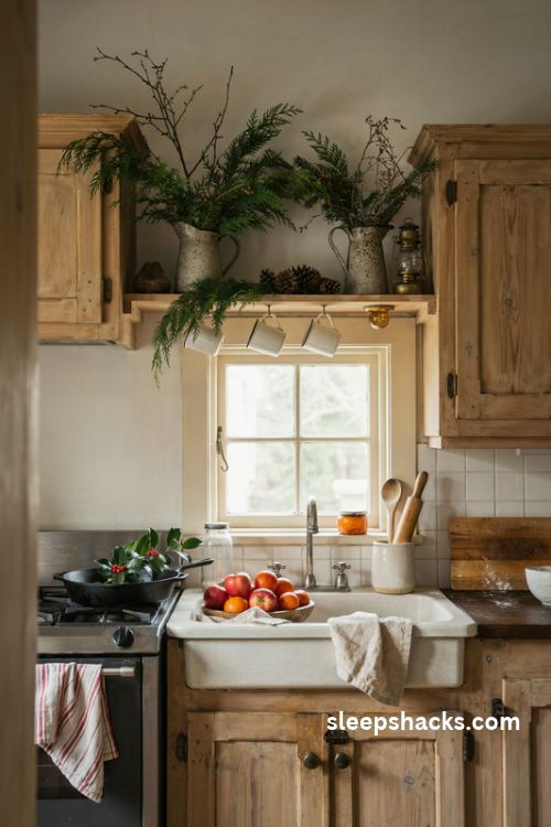 Rustic cabin Christmas kitchen with cast iron cookware and vintage enamelware