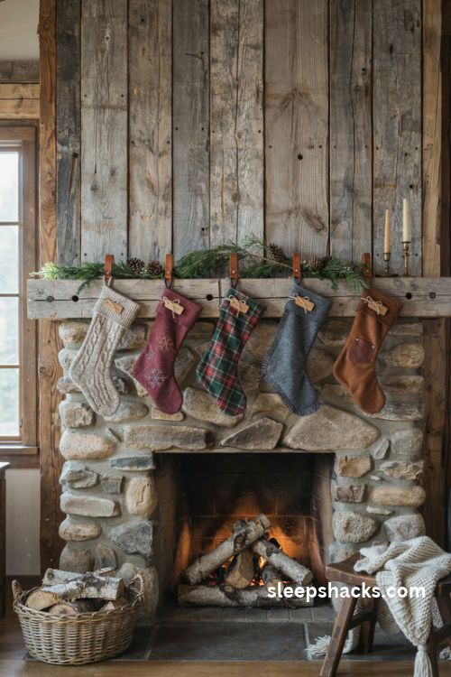 Rustic cabin Christmas mantel with wool stockings and leather strap hangers