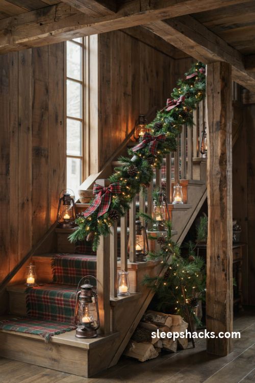 Rustic cabin Christmas staircase garland with plaid bows pinecones and glowing lanterns