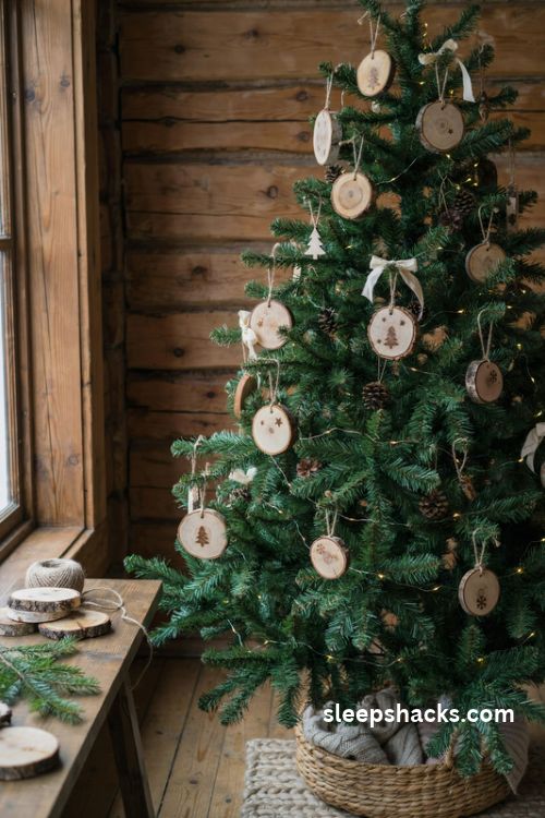 Rustic cabin Christmas tree with handmade wood slice ornaments and natural twine