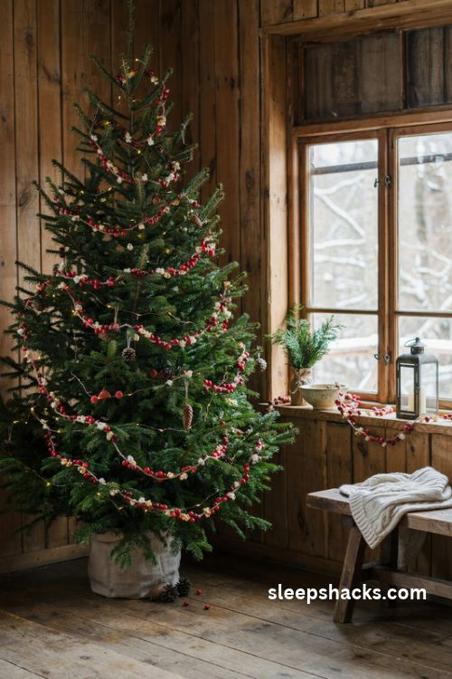 Rustic cabin Christmas tree with homemade cranberry and popcorn garland