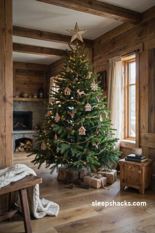 Rustic cabin Christmas tree with wooden ornaments and antler decorations