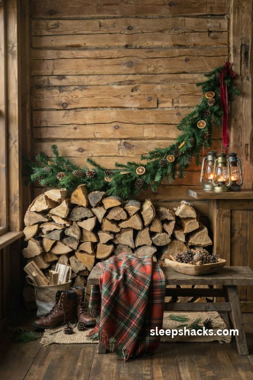 Rustic christmas cabin backdrop with stacked firewood plaid blanket and glowing vintage lanterns