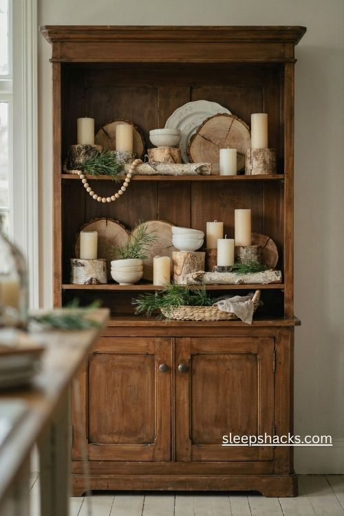 Rustic christmas hutch decorating with natural wood slices white dishes and fresh pine greenery